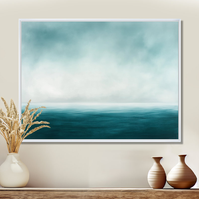 «Teal Sky Horizon I», art mural bleu nature, H 16 po x l 32 po, Cadre flottant blanc