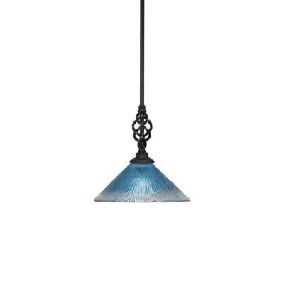 Eleganté Stem Hung Mini Pendant Shown In Matte Black Finish With 12" Teal Crystal Glass