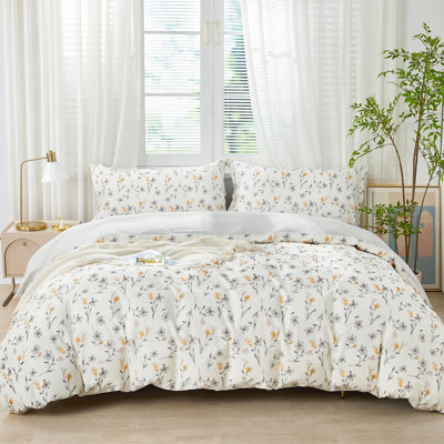 Ensemble de housse de couette à motif floral gris 3 pièces, ensemble de housse de couette 100% coton, 1 housse de couette 90 po x 80 po, 2 taies d'oreiller