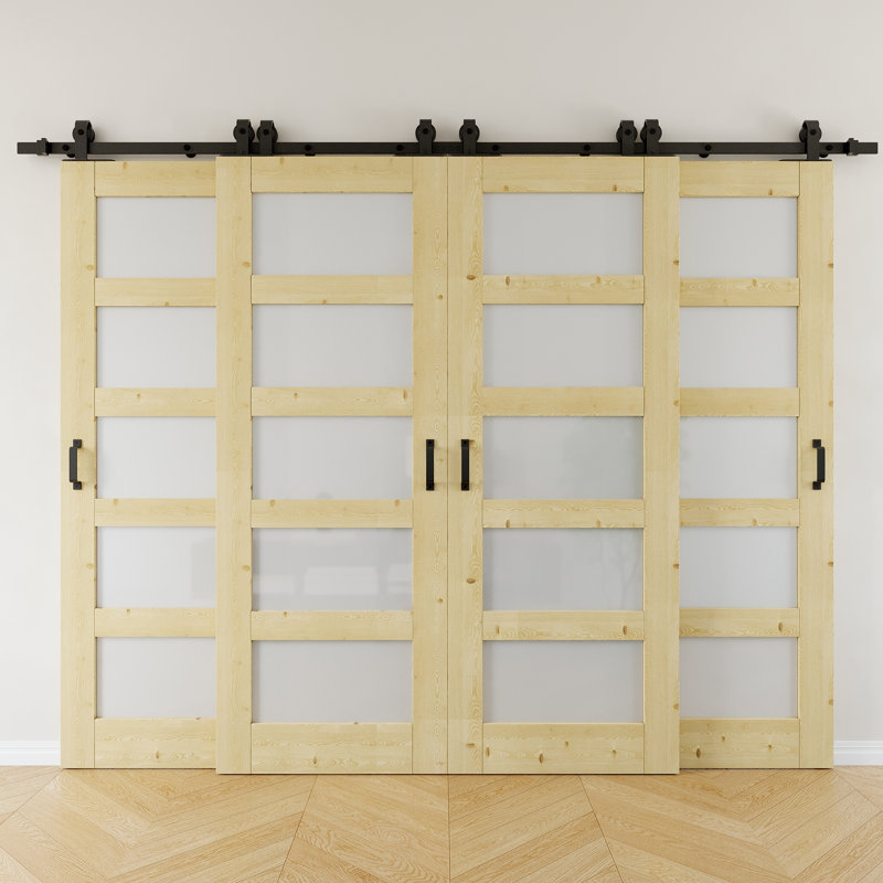 Portes de grange coulissantes en bois de pin massif en verre givré H 80 po à 5 lumières, deux ensembles de quincaillerie à un rail inclus, 4 portes - aucun assemblage requis, à peindre