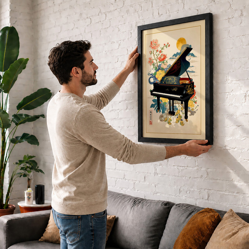 Piano and Blooms Japandi - Framed Print, Unframed, A4 - 29.7 x 21.0 cm