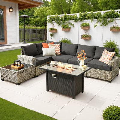 4 - Person Rattan Outdoor Seating Group With Cushions And Fire Pit Table