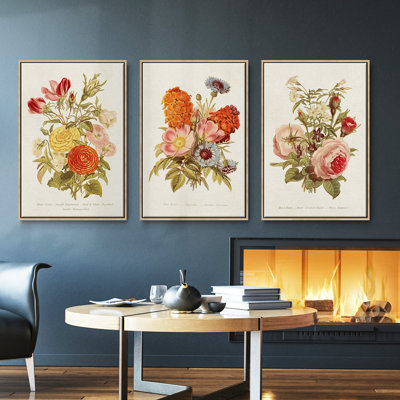 " Antique Floral Bouquet I " 3 Piece Art Oil Set