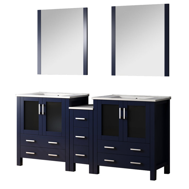 72 po Meuble-lavabo double large bleu marine, armoires latérales, comptoir en céramique blanche, 28 miroirs, tiroirs à fermeture en douceur, baignoire à finition de surface avec comptoir, fermeture, installation de deux armoires