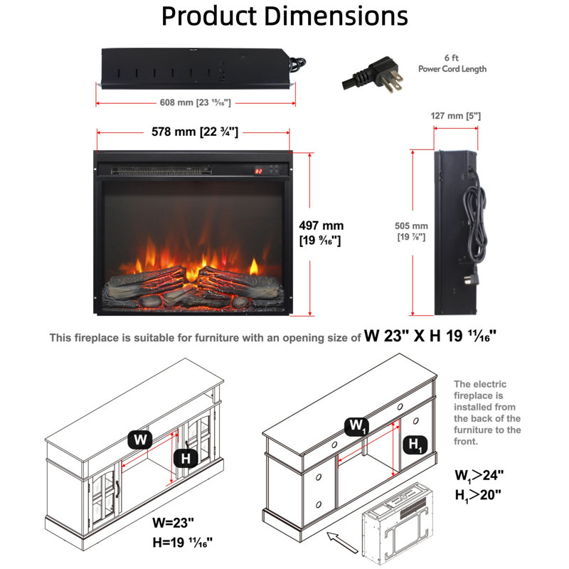 Foyer électrique encastrable 23 po avec ensemble de bûches et flamme réaliste, certifié CSA / UL, 1400 W / 5000 BTU, protection contre la surchauffe, télécommande et minuterie, ultra mince