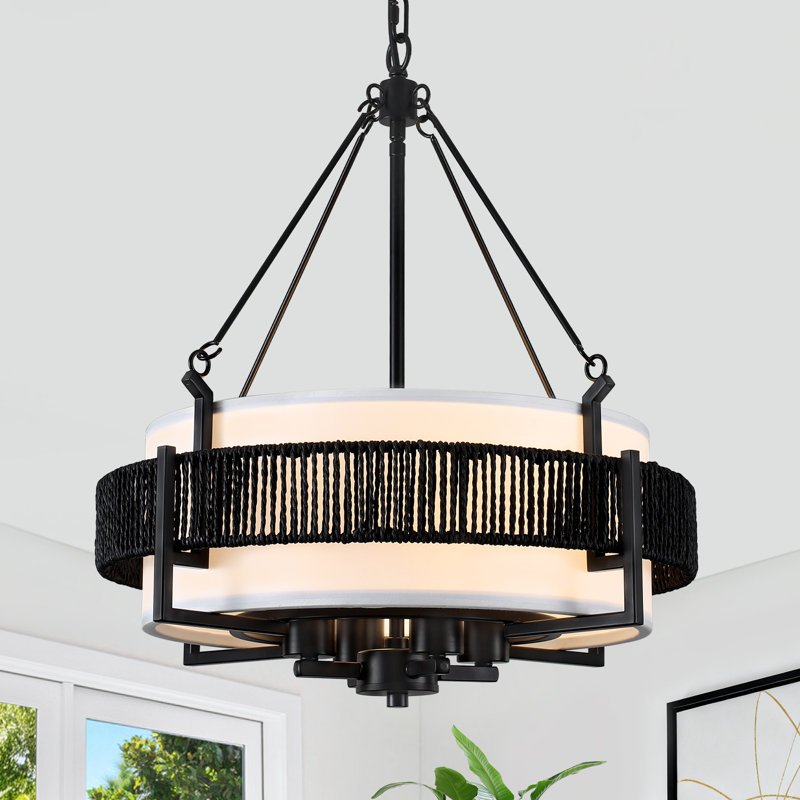 4 - Light Dimmable Hand-Woven Rattan and Fabric Drum Chandelier for Living Room Kitchen Entryway Hallway Foyer, Matte Black