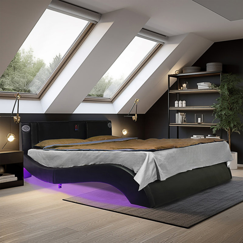 Upholstered Platform Bed Frame With Led Lighting, Bluetooth Connection To Play Music Control