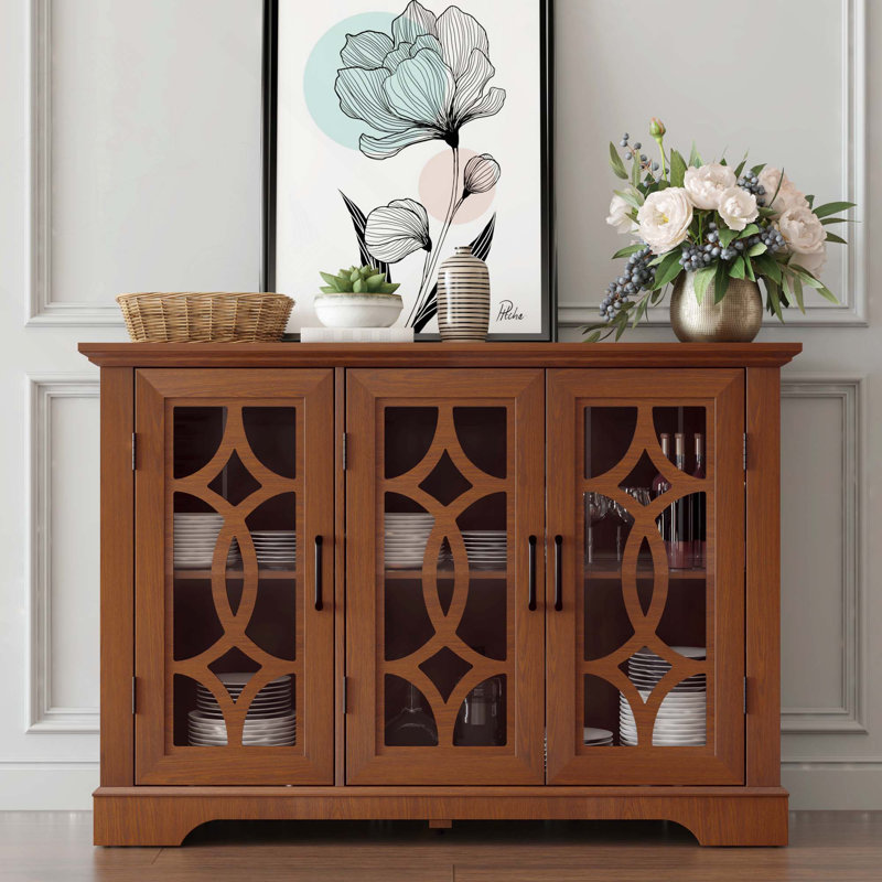 Buffet décoratif avec 3 portes en verre trempé transparent et tablette réglable pour la salle à manger, la cuisine et le salon