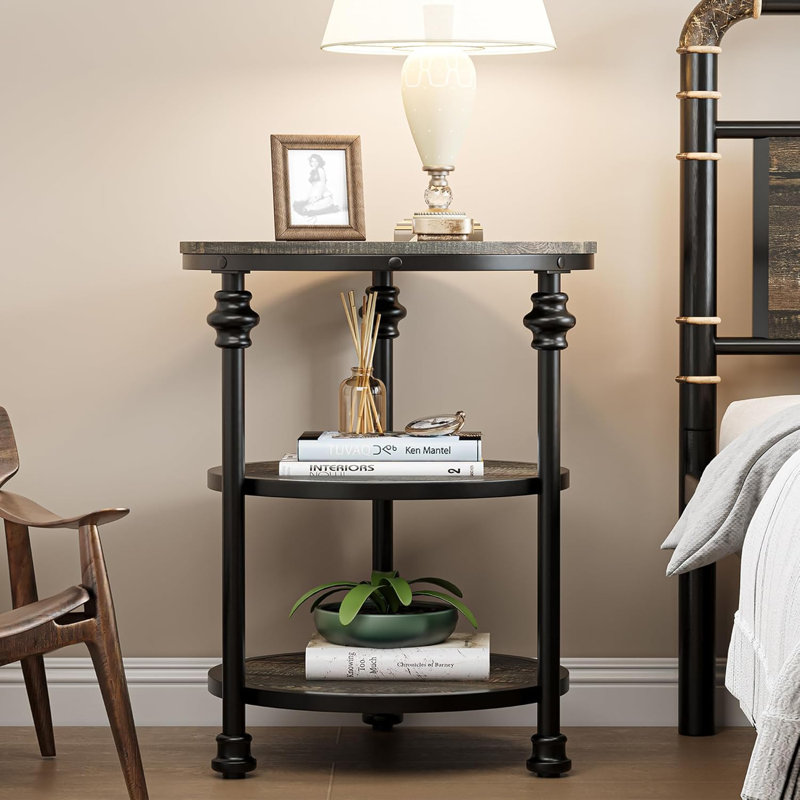 Round End Table, Small Side Table with 3 Shelves, Oak