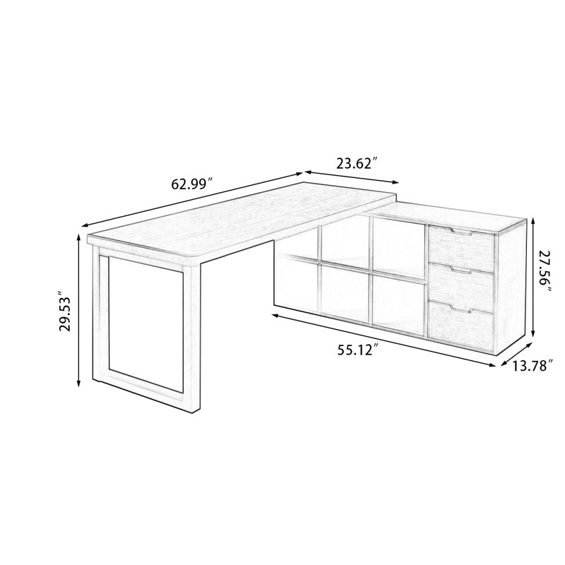 Bureau en bois massif en forme de L brun noyer avec 3 tiroirs, H 29,53 po x l 62,99 po x P 55,12 po