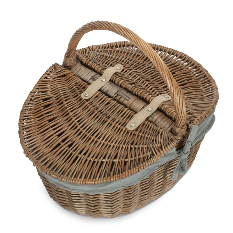 Small Wicker Picnic Basket with Lining, 19cm H x 35cm W x 42cm D, Antique Wash/Grey Lining