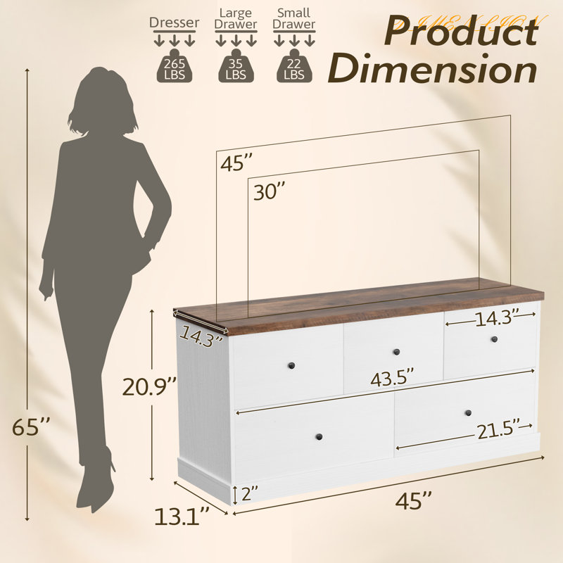 5 Drawer Double Dresser - Wide Wood Storage Chest