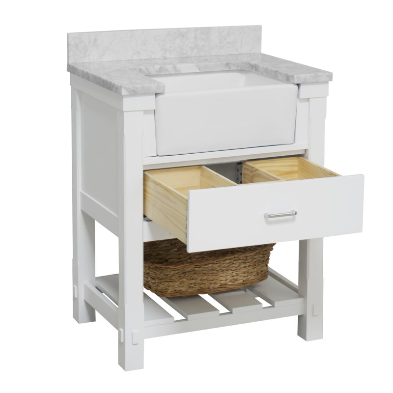 Hitton 30'' Single Bathroom Vanity with Top, Carrara Marble, White