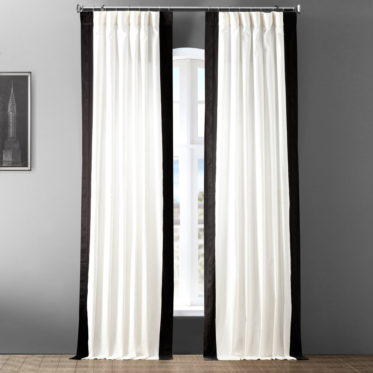 Limone Printed Cotton Curtain Panel, 50" x 96", Warm Off-White/Black