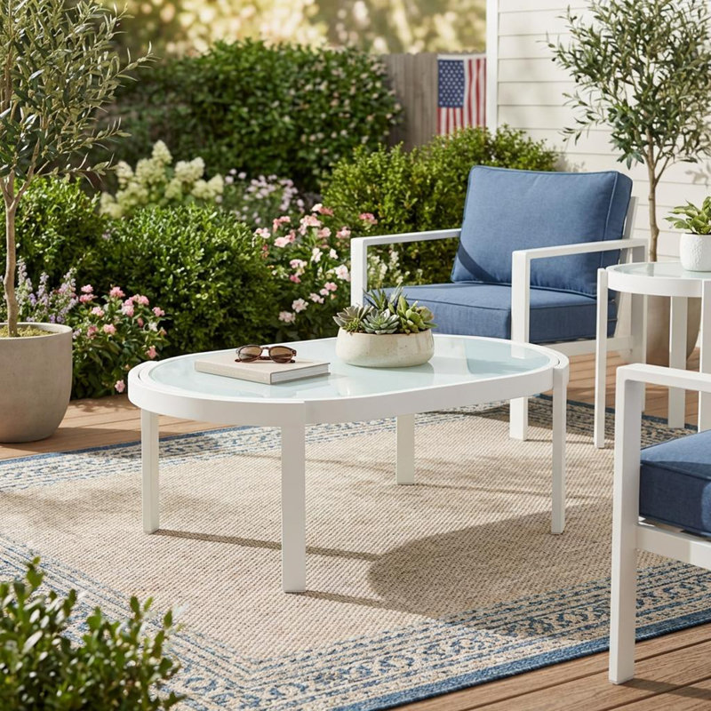 Table basse d'extérieur moderne avec plateau en verre trempé, structure en aluminium blanc, table de patio résistante aux intempéries pour la cour, la terrasse et le bord de la piscine