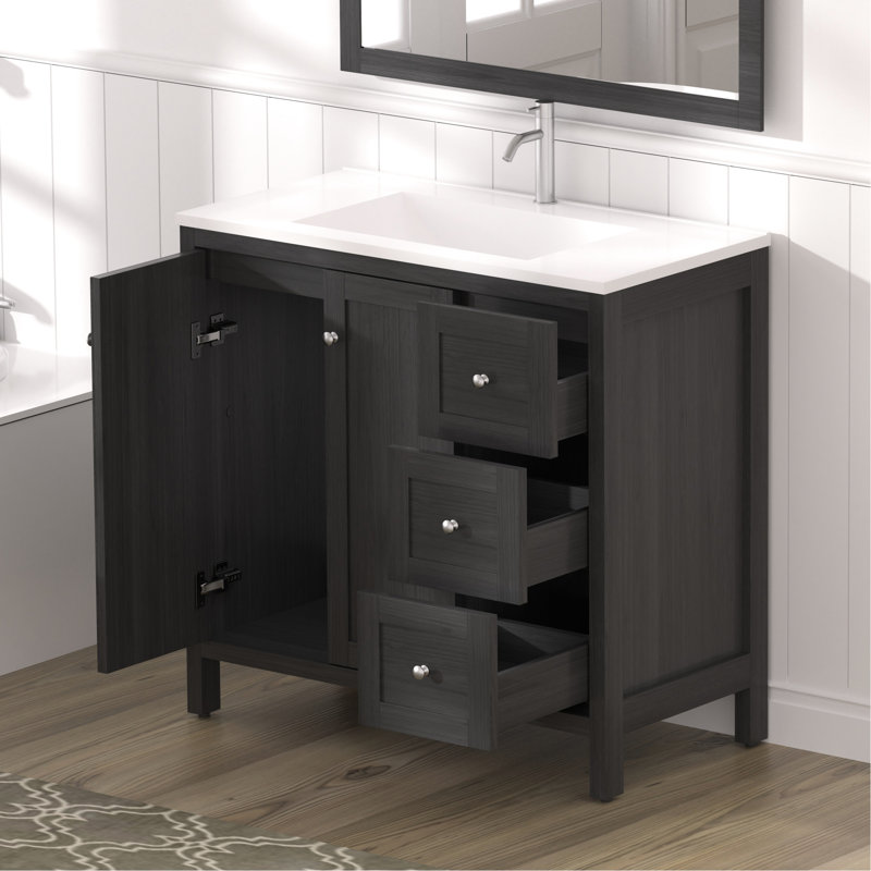 Meuble-lavabo de 35,5 po, noir, lavabo en résine, armoire spacieuse, charnières, surface imperméable, tiroirs de conception américaine, conception à éclaboussures, fabrication en contreplaqué, durabilité