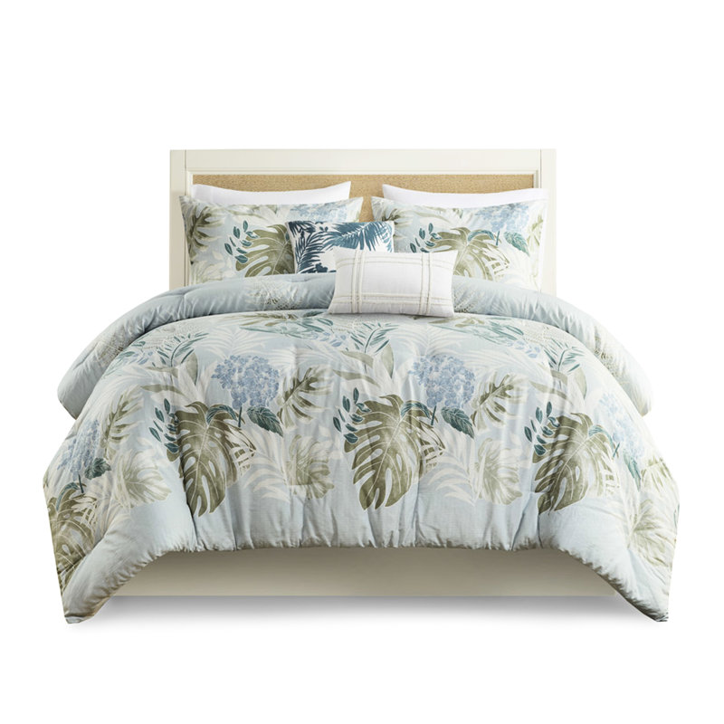 Literie surdimensionnée, bleu, très grand, détails brodés, édredon 6 pièces en coton bleu uni, imprimé tropical