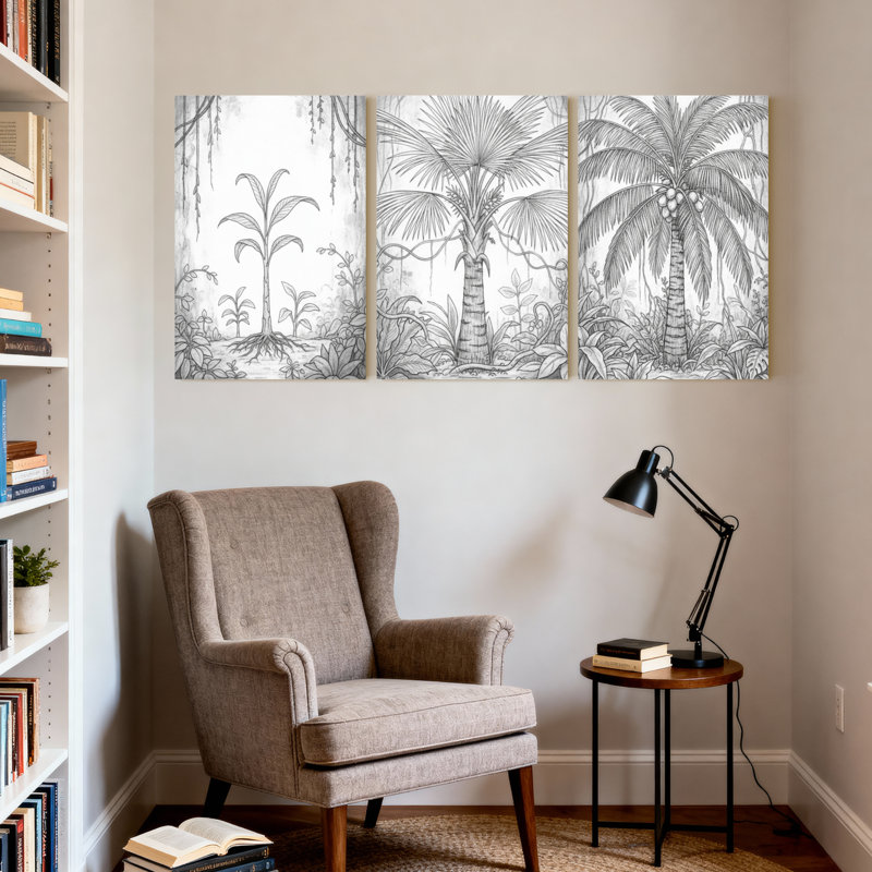 Palmiers, jungle tropicale, palmiers, reflet de l'eau, ensemble de 3 impressions sur toile, H 30 po x l 60 po