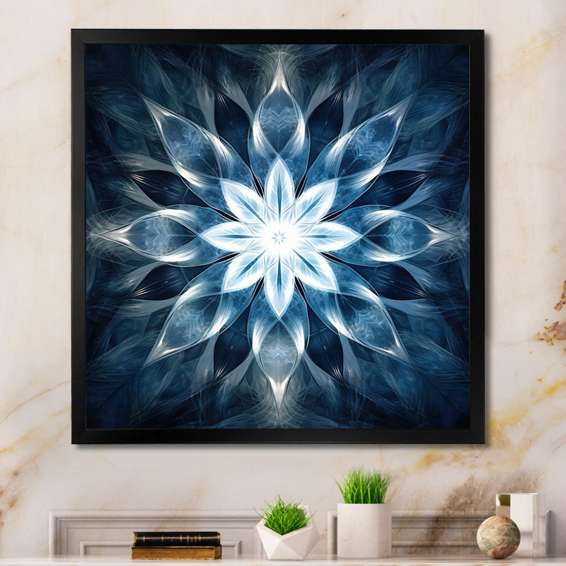 Turquoise et fleurs blanches fractales VI, H 30 po x l 30 po x P 1 po, Cadre simple noir