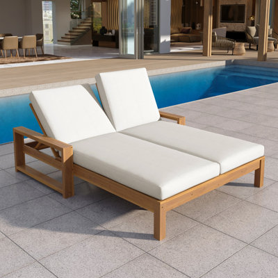 Outdoor Double Lounge Chaise, Solid Wood Patio Chaise Lounge With Cushions