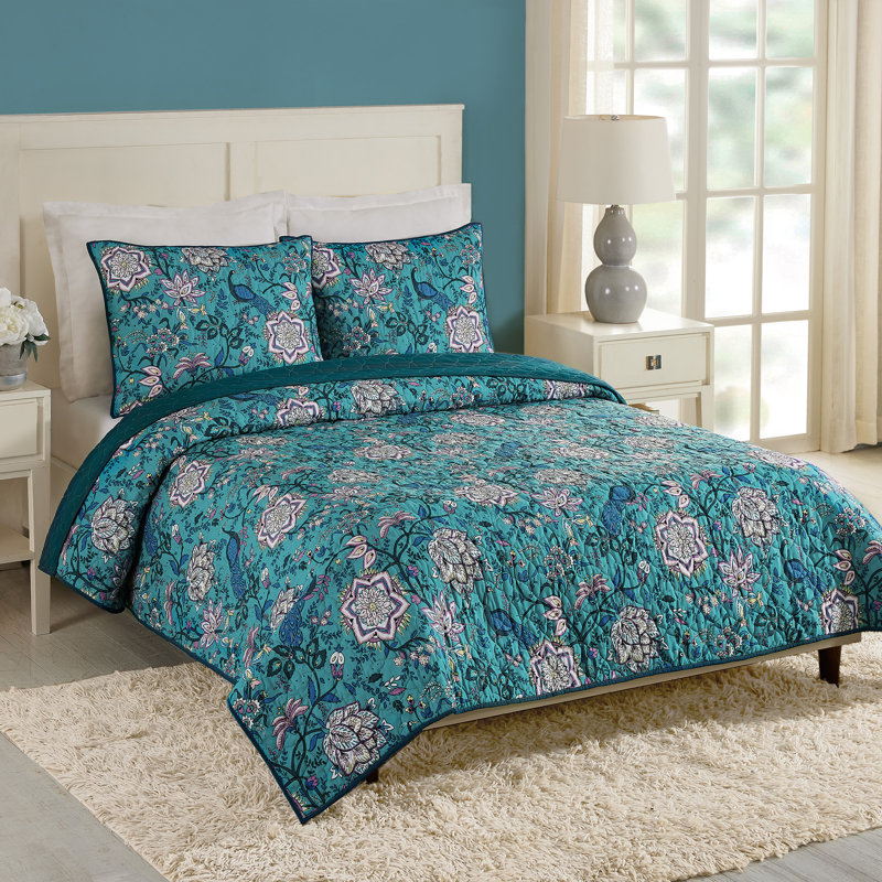 Turquoise Floral and Peacock King Microfiber Quilt Set