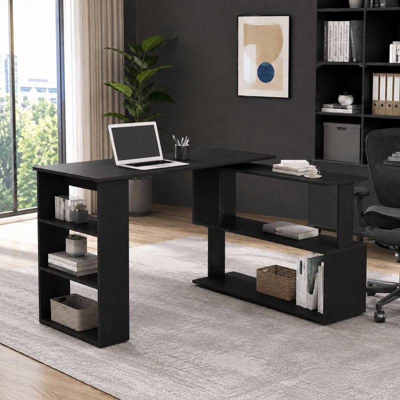 Modern Minimalist 360 Degree Rotating Storage Design L Shaped Corner Computer Desk for Home Office Bedroom Study and Dorm