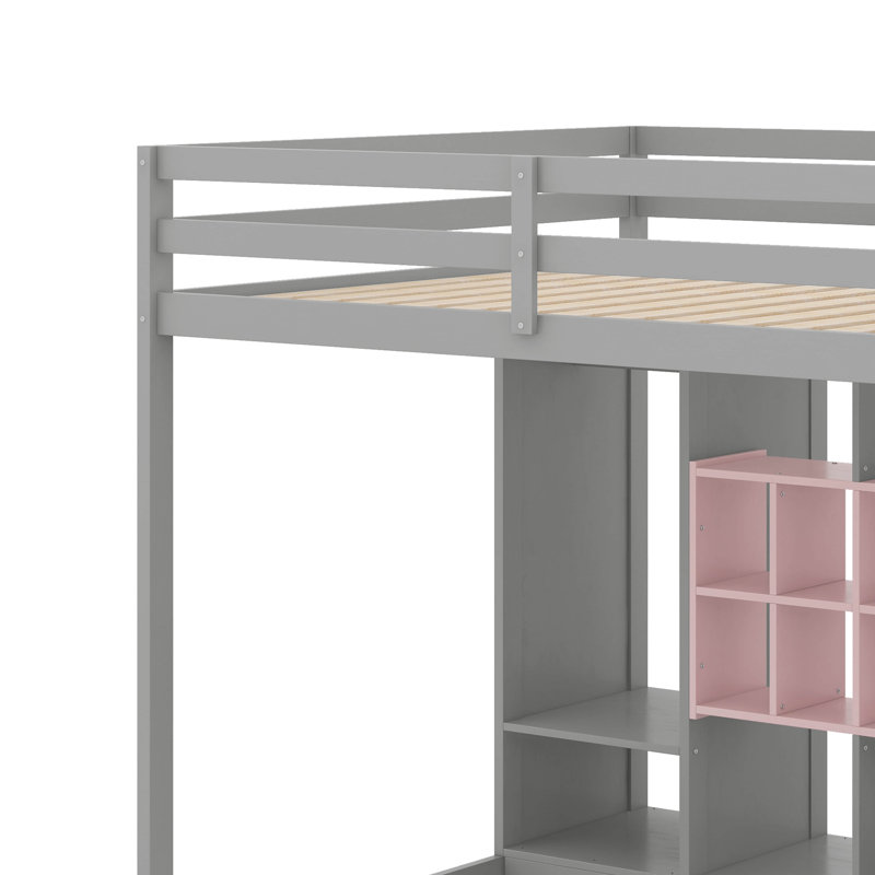 Full Size Wood Loft Bed With Wardrobe, Shelves And Cabinet, Gray/Pink