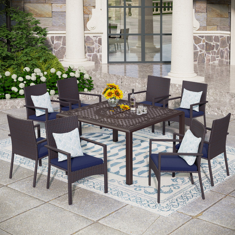 Asfand 8 - Person Patio Dining Set with Square Table , Cushions Included, Blue