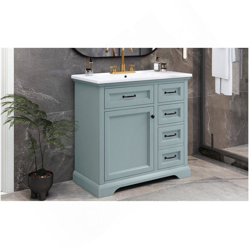 36" Bathroom Vanity With Sink, Ceramic Sink, 2 Tip-Out Drawers, Soft Close Door Hinges, Grey, Gray