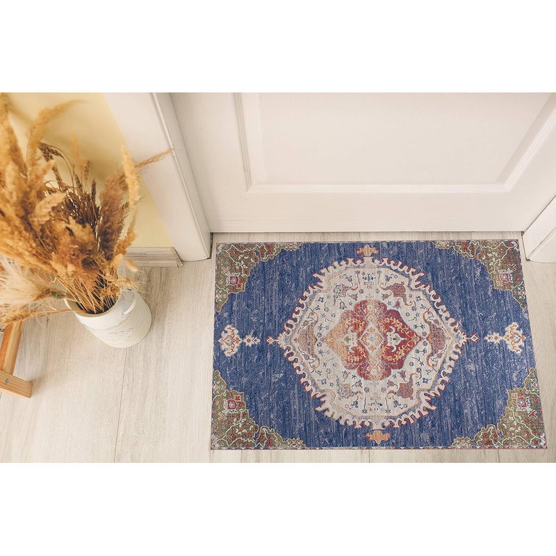 GLN Rugs Vintage Collection - Machine Washable Area Rug, Vintage Washable Rug, Non Slip Area Rug, Low Pile Living Room Rug, Bedroom Rug, Bathroom Rug - Easy Clean (Blue and Multicolor Rug)