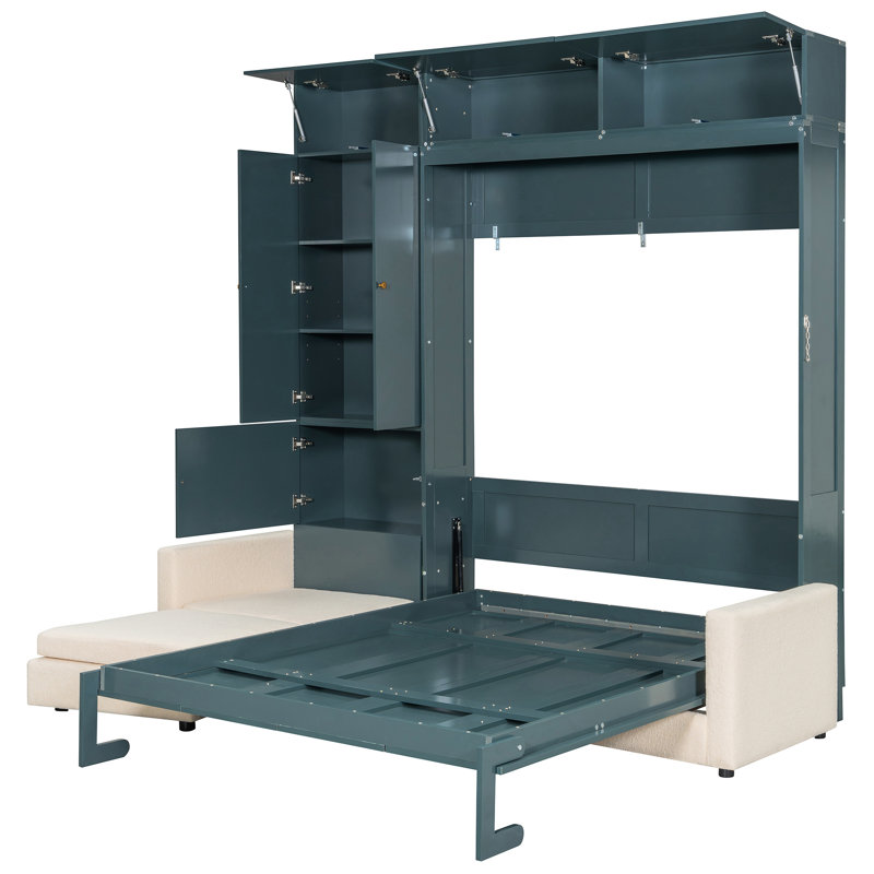 Lit grand format avec tablettes, panneau, beige, solution peu encombrante pour les petits appartements, lit facile à déplacer, rangement de matériaux de qualité industrielle, espaces tout en un, support de matelas confortable,