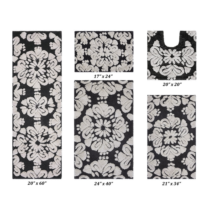 Chemash Premium-Quality 100% Cotton Super Absorbent Machine Washable 5 Piece Bathroom Rug Set, Charcoal