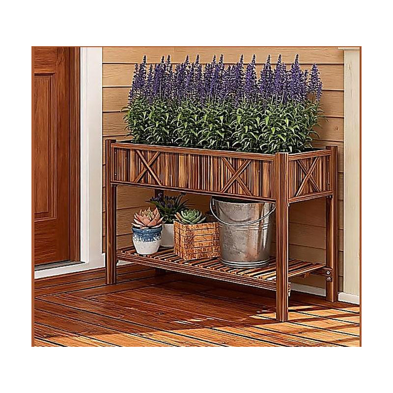 Dual-Tier Raised Garden Bed,Elevated Wood Planter Box,with Storage Shelf,Drainage Holes,and Liner, Brown