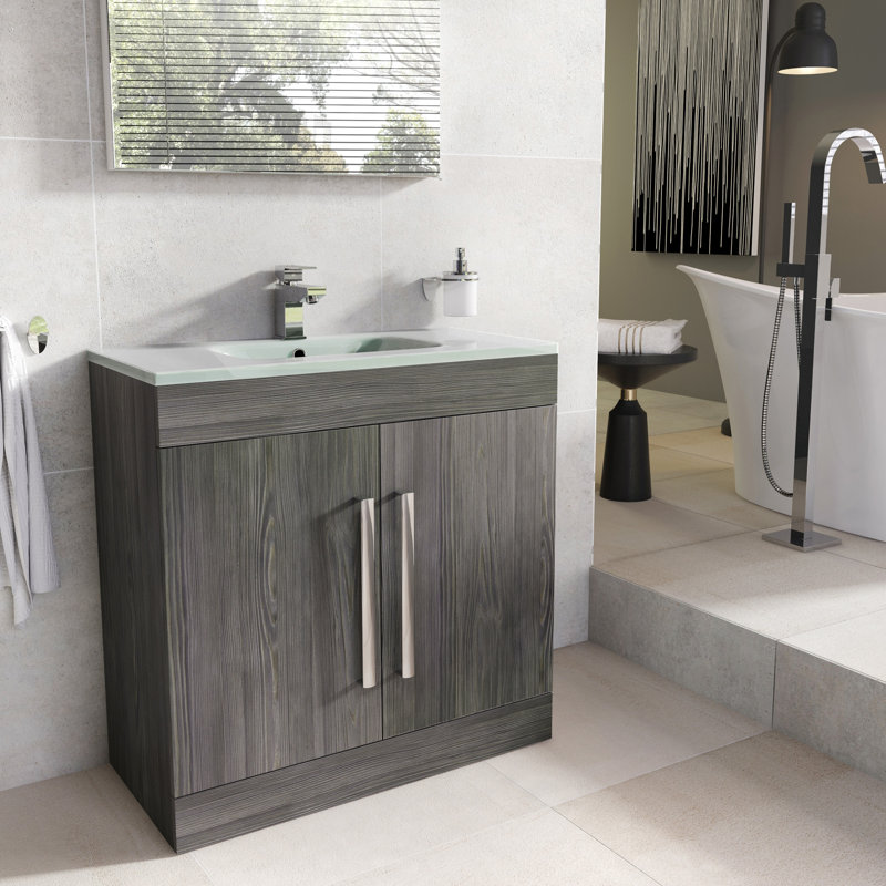 Whitfield 800mm Single Bathroom Vanity with Integrated Glass Basin, Dark Grey Wood