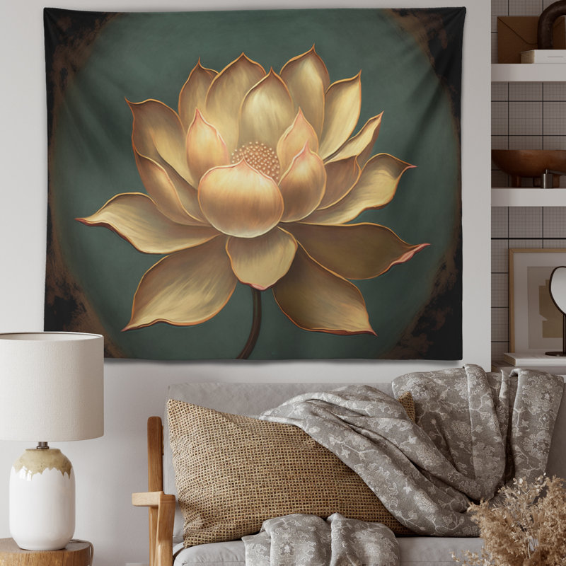 Blossoming White Vintage Lotus Polyester Tapestry, 50" H x 60" W