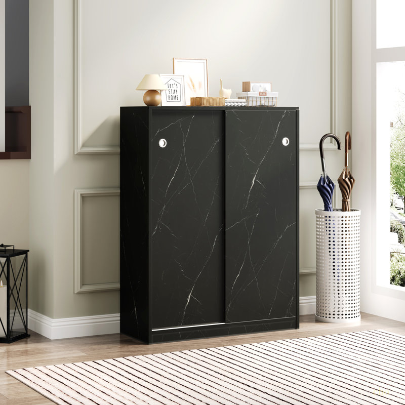 Marble Shoe Cabient With Sliding Door Have 6 Layers Can Storage At Least30 Pairs Shoes, Black