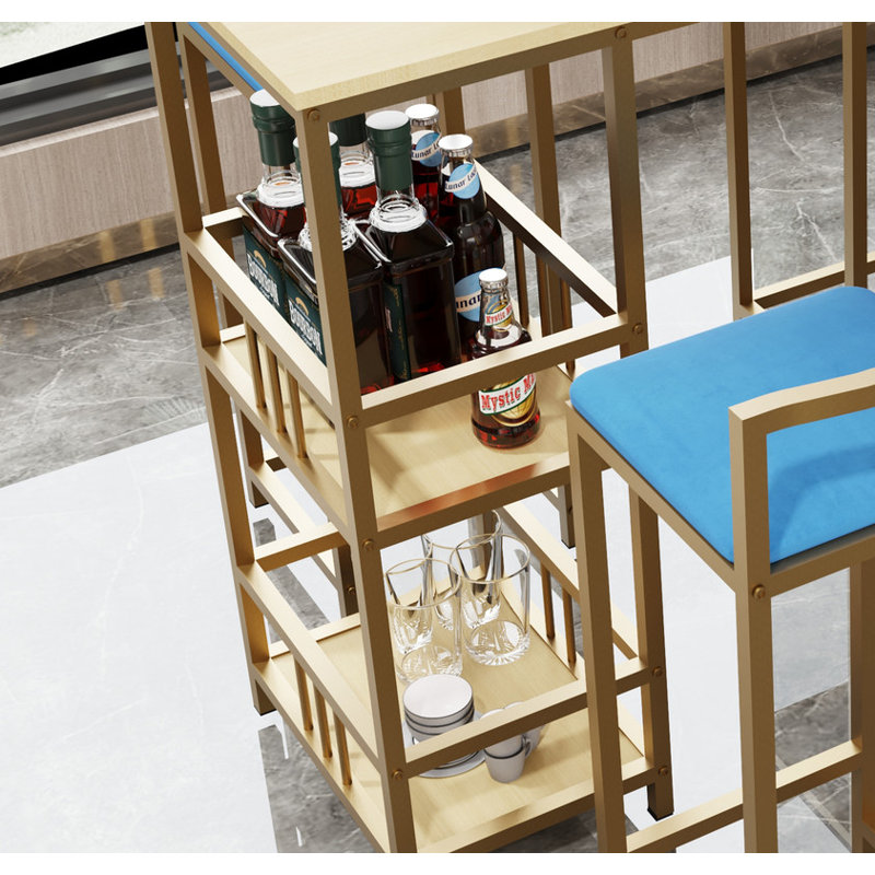 5-Piece Modern Bar Table Set Gold Metal Frame Multi-Layer Engineered Wood Tabletop High-Density Sponge Cushioned Chairs with Backrest Under-Table Storage Shelf Space-Saving Design for Kitchen & Dining