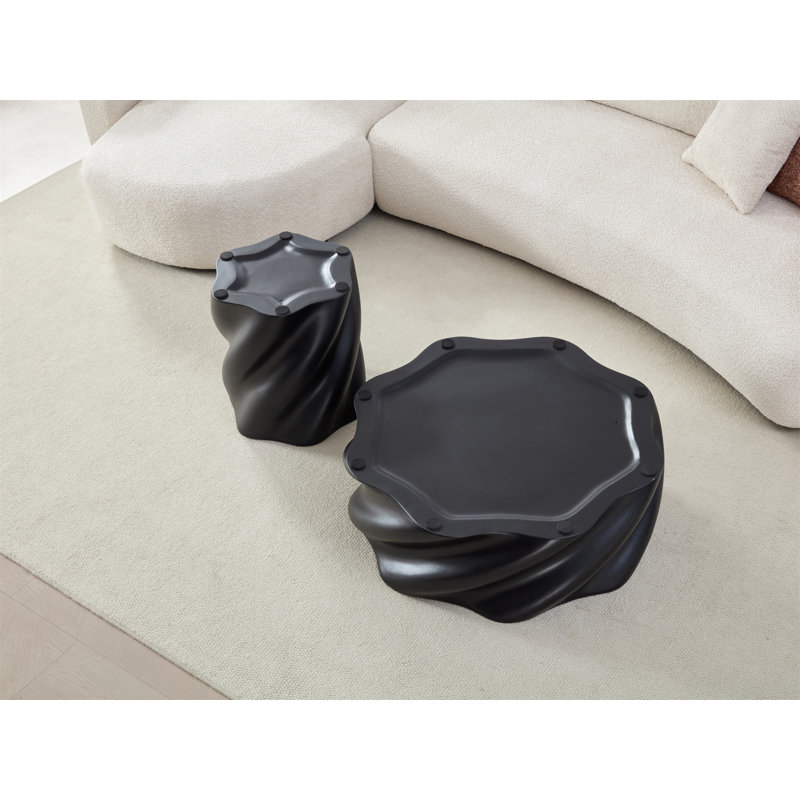 Table d'appoint ronde 19,69 po entièrement assemblée, table de tambour cannelée en forme de pétale, en fibre de verre noir moderne, sans assemblage requis pour le bureau du salon
