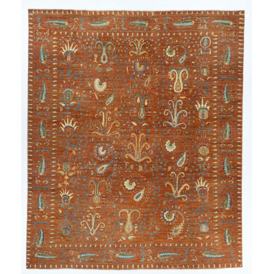Suzani Rug 8x10 Hand Knotted Wool Area Rug, Afghan Suzani Carpet, Rust Orange Floral Rug, Bohemian Living Room Rug