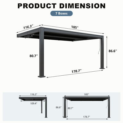 Pergola murale à lames orientables de 4,88 m x 3,05 m avec toit en aluminium réglable, gazebo adossé d'extérieur avec système de gouttières intégré, noir anthracite