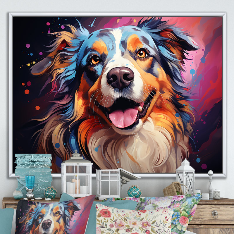 Chien, berger australien, Allure III, sur toile, Cadre flottant blanc, H 12 po x l 20 po x P 1 po