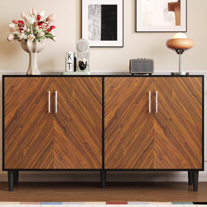 58" Modern Coffee Bar with 4 Doors, Black/Brown