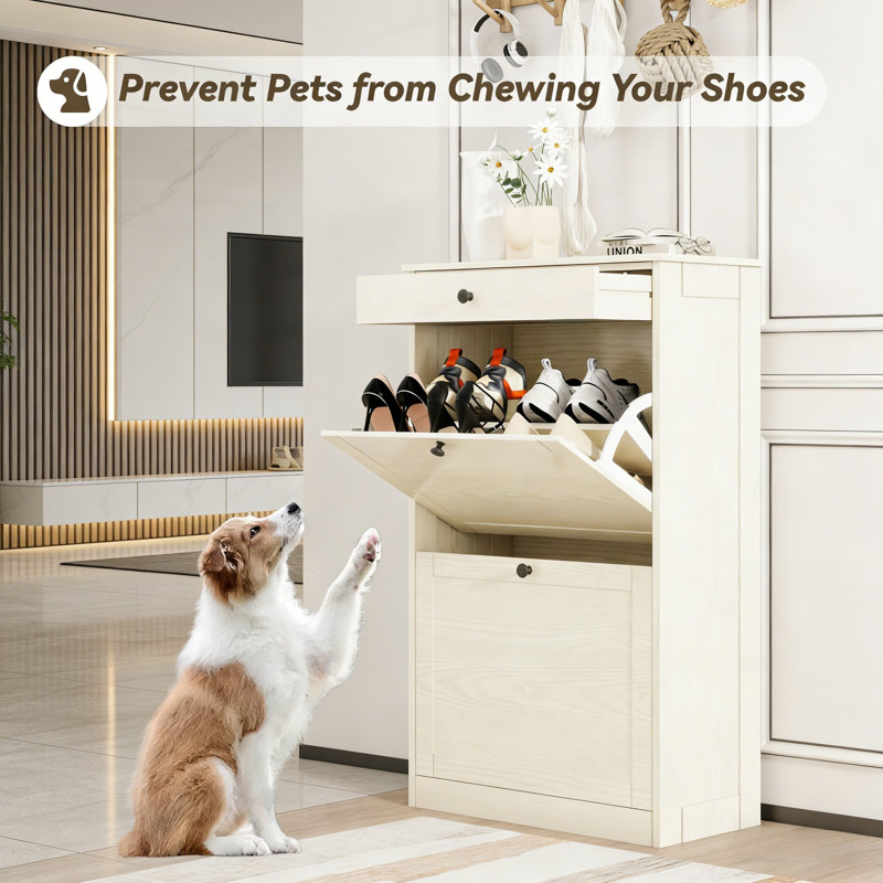 Double Flip-Down Drawer Shoe Cabinet, Oak