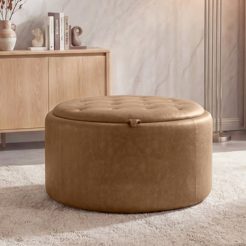 27.2'' Upholstered Round Tufted Ottoman With Storage, PU - Brown