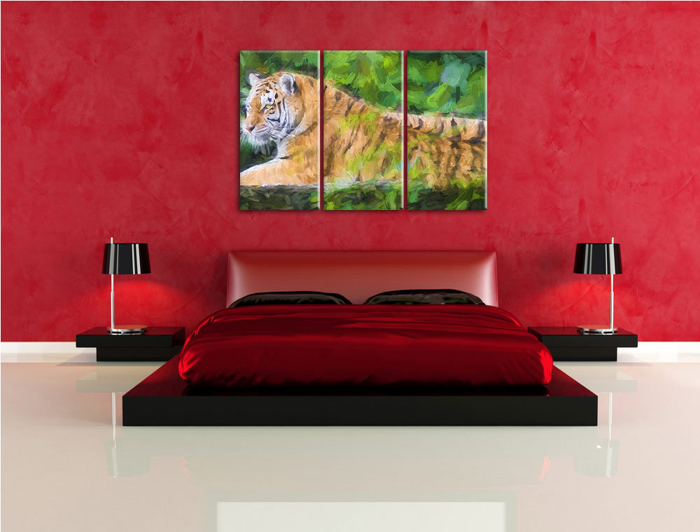 3-tlg. Leinwandbilder-Set „Anmutiger Tiger auf Baumstamm“, Kunstdruck