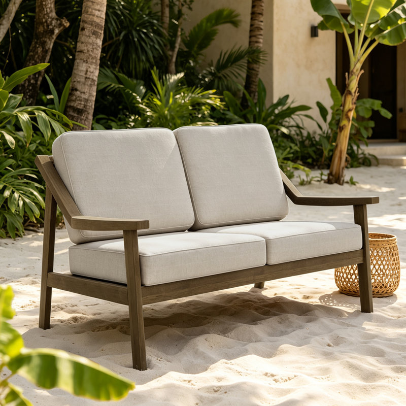 Causeuse d'extérieur en bois de teck avec coussin et accoudoirs Marlo, Chameau clair, Brun
