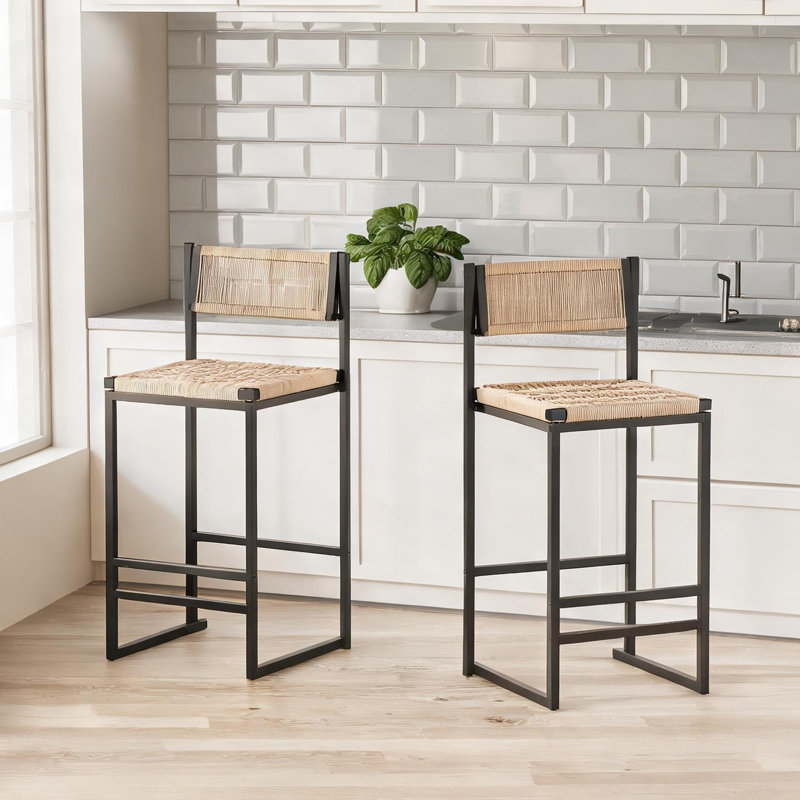 Chaises d'appoint en corde de papier tissées à la main avec repose-pieds, ensemble de 2 tabourets de bar à hauteur de comptoir pour îlot de cuisine ou salle à manger