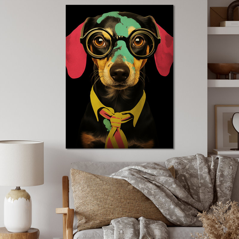 Curious Popart Daschund Dog III - chien, art mural, Toile tendue, 20" H x 12" W