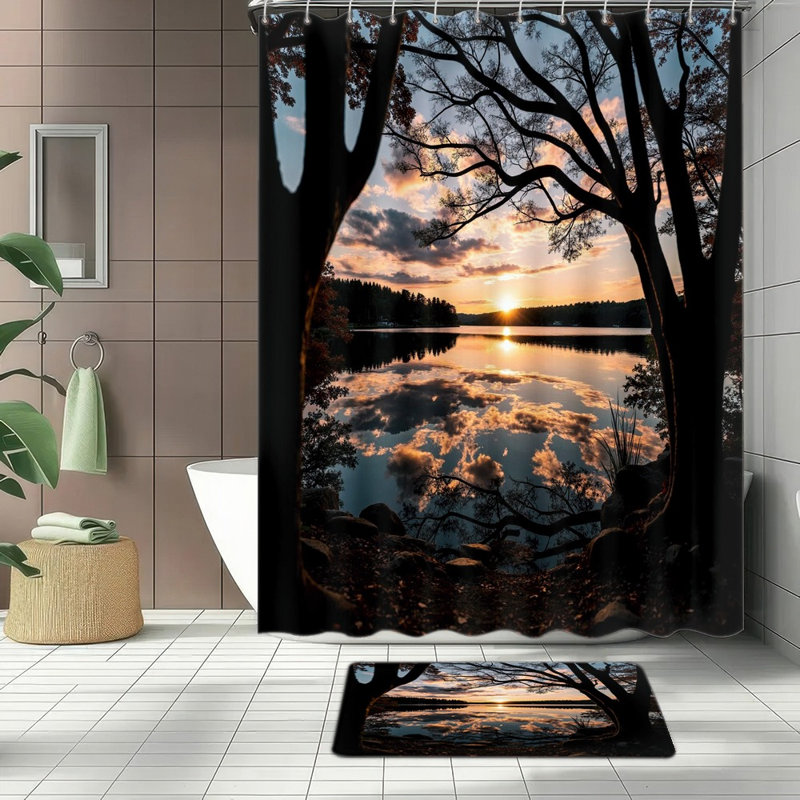 Ensemble de rideau de douche 4 pièces Lakeside Sunset Tree