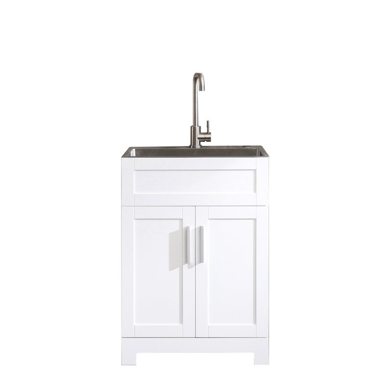 24in White Laundry Sink Cabinet - Stainless Steel Tap Silent Operating Method Operation Mode